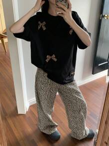 DAZY Women's Round Neck Leopard Print Bow Short Sleeve T-Shirt Summer Cute Tops - Black - View 5