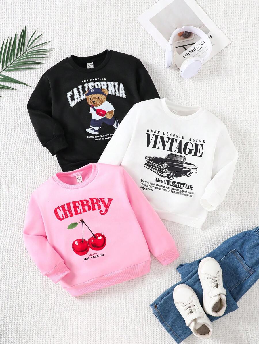 SHEIN Young Girl Fall/Winter Clothes 3pcs/Set Young Girl Solid Color Crew Neck Loose Fit Casual Flannelette WarmSweatshirts.Autumn/Winter,Great For Casual & Daily Wear & School .