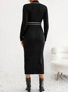 SHEIN Đầm len thanh lịch cổ đứng tay dài thắt eo cho bà bầu, dáng ôm vừa vặn, thu/đông - màu đen - Xem 2