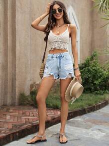 SHEIN Essnce Ripped Raw Hem Denim Shorts - Light Wash - View 3