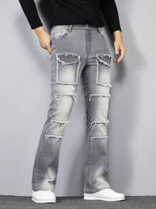 Manfinity Roughcore جينز كاجوال بتصميم أطراف مبللة مع جيوب للرجال - رمادي - مشاهدة 3