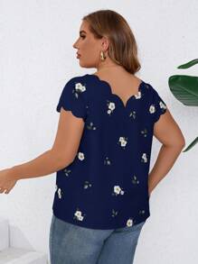 Reflora Camisa de verano tejida con estampado y ribete de concha para tallas grandes - Azul Marino - Ver 2