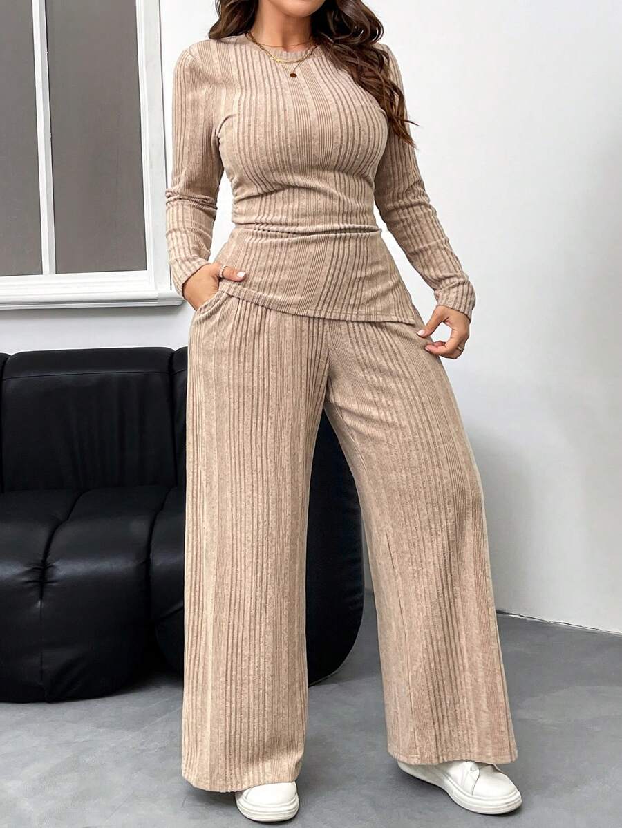 SHEIN Privé Plus Size Elegant Casual Collegiate Style Textured Fabric Round Neck Gathered Waist Slimming Long Sleeve Asymmetrical Hem Blouse & Straight Leg Pants Set