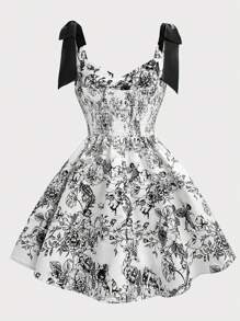 SHEIN Girlism 少女黑色蝴蝶结肩部褶皱胸围收腰 A 字形公主优雅短裙 - 黑色 - 查看 2