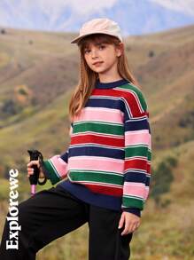 SHEIN Tween Girl Striped Round Neck Long Sleeve Casual Top, Everyday Wear