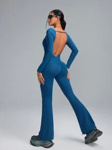 Innovista Damen Langarm sexy rückenfrei figurbetonter Jumpsuit mit weitem Bein, schwarzer Jumpsuit Workout, Jumpsuit für Frauen, Jumpsuit, Tennis Damen Outfits, Bauchformende & Po-hebende Jumpsuit-Shorts, Yoga, Gym, Motorrad, Spandex, Herbst-Winter-Bekleidung, Pilates, Outdoor Yoga