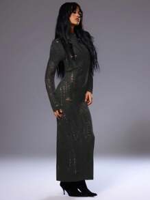 MUSERA Long Sleeve Distress Knit Maxi Dress Elegant Spring Sexy Cute Boho Beach Vacation Evening Party Elegant - Dark Grey - View 3