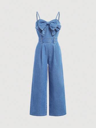 SHEIN Girlism Tween Meisjes Herfstkleding Mode Casual Schattige Strik Geplooide Spaghetti Band Denim Jumpsuit Met Wijde Pijpen Broek