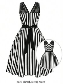 SHEIN Clasi Plus Size Women Classic Black & White Stripe Contrast Lace Sleeveless Slim Fit Dress - Black and White - View 3