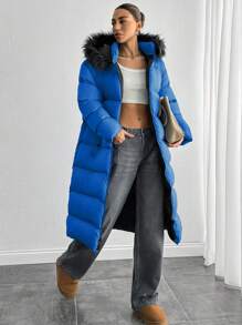SHEIN Tall Faux Fur Hoodie Detailed Zip Up Oversized Fit Stylish Padded Long TALL Winter Coat