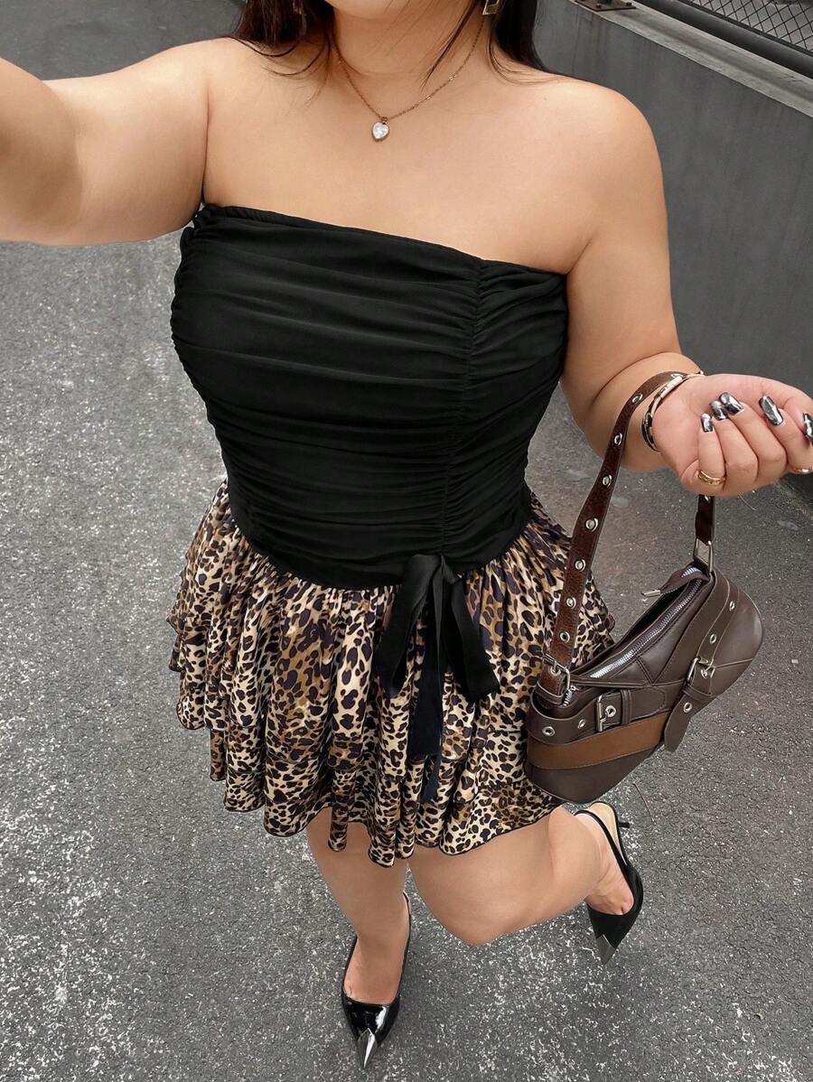 SHEIN EZwear Gaun Fashion Wanita Ukuran Plus dengan Detail Kerutan dan Motif Leopard di Bagian Bawah, Model Tanpa Tali - MultiWarna - View 1