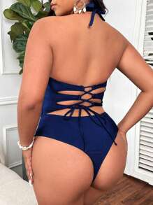 Swim Lushoire Đồ bơi một mảnh buộc dây màu trơn cỡ lớn cho nữ mùa hè - Xanh đậm - Xem 2