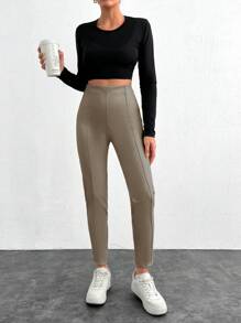 SHEIN Cottnline Women Solid Color Basic Slim Fit Leggings, Casual Everyday Wear - Krem - View 5
