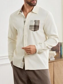 Manfinity Homme Men's Autumn Patchwork Plaid Long Sleeve Button Down Casual Shirt - White - View 5