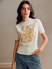 Anewsta 时尚花卉星形刺绣针织上衣，适合春夏、情人节和新年等场合穿着。 - 奶油色 - 查看 5