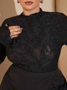 SHEIN BAE Plus Size Women's Black Lace Long Sleeve Bodysuit, Suitable For Dates, Outings, Valentine's Day