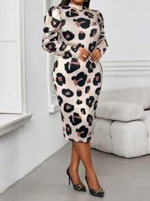 SHEIN Lady Spring And Summer Autumn And Winter Elegant Commuting Office Colorful Knitted Stand Collar Leg-Of-Mutton Sleeve Gold Button Midi Long Sleeve Plus Size Dresses Elegant Women Dresses Classy Outfits Spring Outfits For Women Plus Size Women Clothes Dresses For Women Winter Clothes For Women Long Sleeve Winter Dresses For Women Dress Long Sleeve Spring Dress Spring Dresses Spring Clothes Plus Size Dress Elegant Spring Break Dresses Spring Break Outfits Spring Outfits For Women Spring Dresses For Women Cheetah Print - Multicolor - View 4