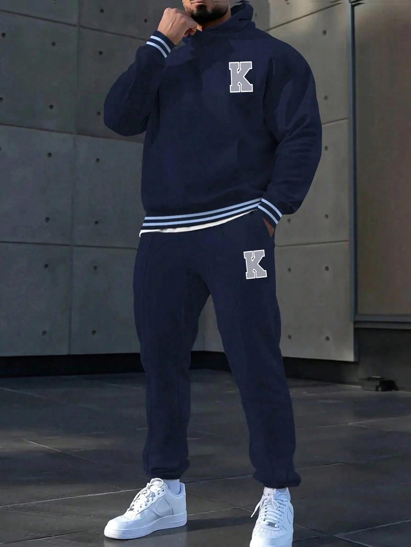 Manfinity Dauomo Men's Casual Letter & Stripe Print Long Sleeve Hoodie Sweatshirt And Sweatpants Set, Autumn/Winter