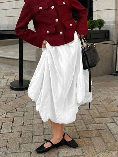 Serisse Women Solid Color Elastic Waist A-Line Skirt Winter White