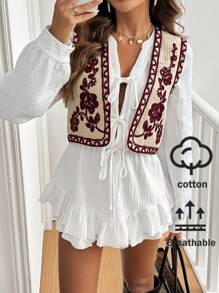 SHEIN Frenchy Women Rodeo Floral Pattern Button-Front Vest Jacket, Autumn/Winter Christmas Flower Red New Year Vacation Burgundy Casual Spring Valentine's Day - Burgundy - View 6