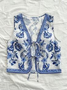 Soleia WYWF 女士 V 领系带喇叭袖热带图案印花背心，适合度假 - 藍白色 - 查看 4