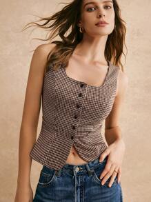 Poéselle 女式前扣格子无袖简约背心，休闲日常穿着 - 棕色 - 查看 3