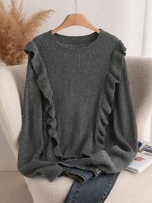 SHEIN Frenchy Plus Size Casual Effen Kleur Ruffle Zoom Trui, Herfst/Winter