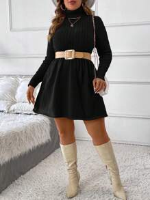 SHEIN Clasi 大码女式纯色休闲高领长袖毛衣连衣裙，秋冬