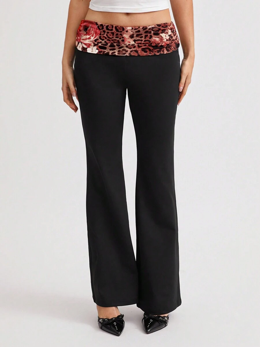 SHEIN Unity 1pc Women's Sexy Party Fashion Low Waist Leopard Print Ruched Contrast Color Flare Pants, Black, Autumn/Winter