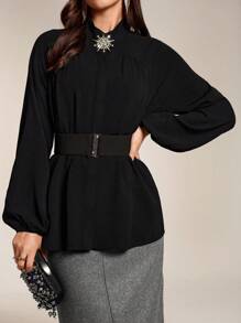 Modelyn Women's Rhinestone Decor Long Sleeve Minimalist Black Blouse, Casual For Daily Wear