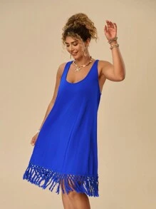 Travachic 大码夏季度假无袖拼布流苏针织蓝色连衣裙 - 藍色 - 查看 1