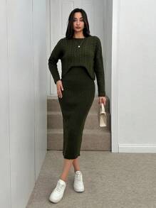 SHEIN Tall Women's Solid Color Crew Neck Long Sleeve Blouse And Dress 2pcs Set - Green - View 1