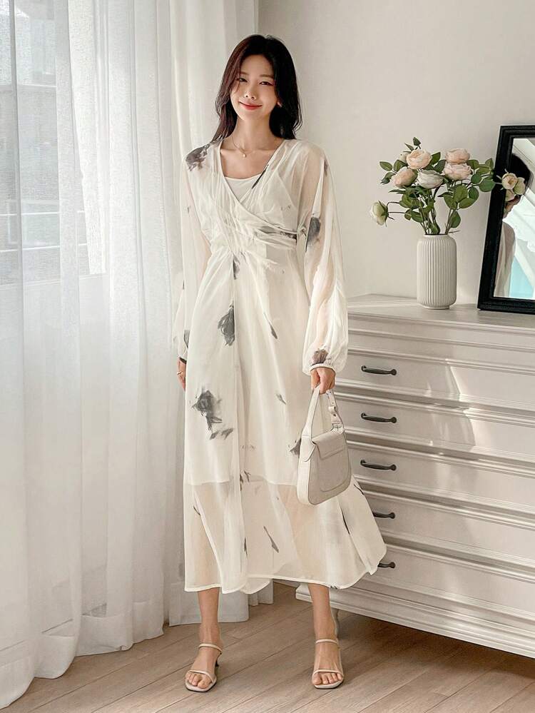 Traditional Chinese Style Graceful V-Neck Long Dress With Ink Painting Print For Women Maxi Dress