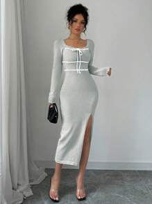 Chiquease Nuovo abito-maglia elegante e sexy, con scollo quadrato, orlo con spacco, effetto snellente, con laccetto, per donna