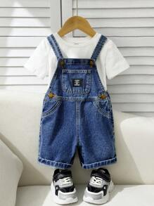 SHEIN Babyjongens Zomer Casual Patched Detail Baggy Straight Leg Denim Overalls Jumpsuit Jeans Shorts Zonder T-shirt, Voor Lente/Zomer Outfits, Kinderen Denim Romper