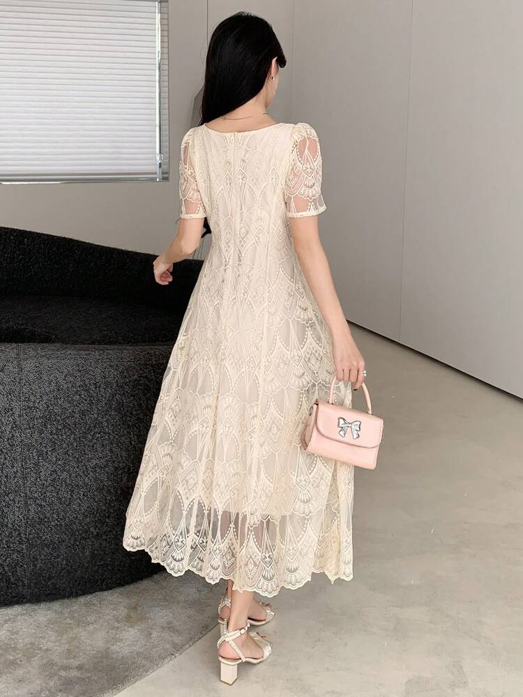Elegant Wedding Guest Wear Square Neck Puff Sleeve Lace Mid-Length Dress Sundress