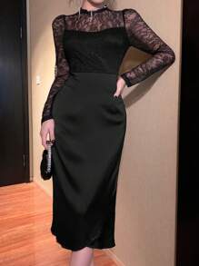 DAZY Women Casual Lace Patchwork Round Neck Long Sleeve Bodycon Black Elegant Dress Prom Dress
