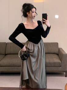 DAZY Lace Patchwork Sweet Heart Collar Long Sleeve Elegant Mid-Length Dress For Women,Fall Dress - Black - View 9