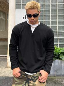 DAZY Camiseta Manga Longa Casual Masculina Bicolor Preta 2 em 1, Outono - Preto - Visão 6