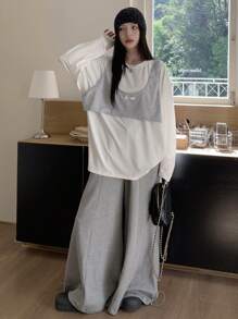 DAZY Women Casual Round Neck Loose 2 In 1 Long Sleeve T-Shirt