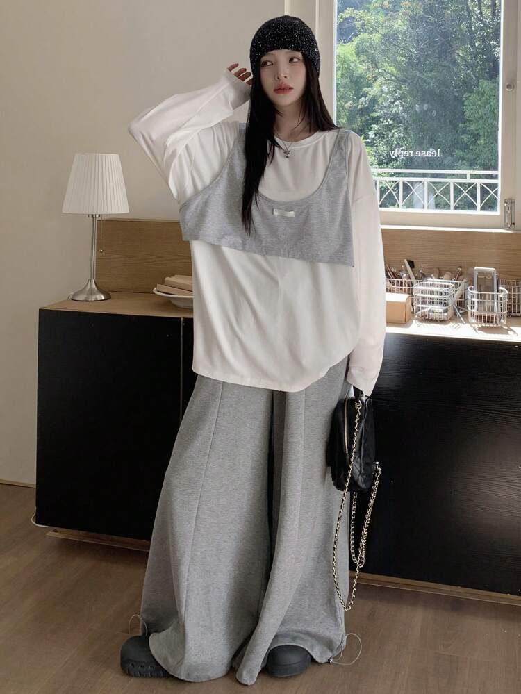Women Casual Round Neck Loose 2 In 1 Long Sleeve T-Shirt,Fall Clothes