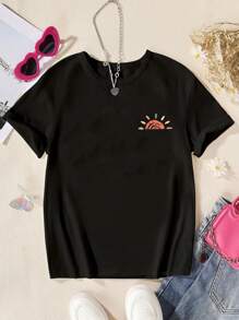 Teen Girls' Sun Art Painted Creative Letter Printed T-Shirt With Aesthetic Summer Casual Top - Black - View 4