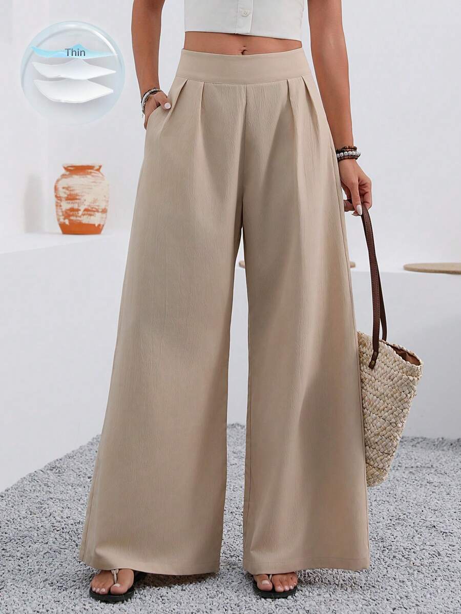 EMERY ROSE Plain Colored Wide Leg Pants With Pleats Fall Cloth For Women - Apricot - View 1