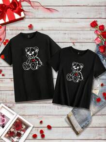 SHEIN EZwear Casual Simple Couple Bear Heart Printed Loose Round Neck Short Sleeve T-Shirt For Women, Suitable For Summer Suitable For Going Out - Black - View 2