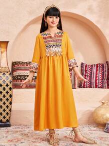 SHEIN Tween Girls Casual Vacation Geometric Print Sequin Tassel Lace Ruffle Flare Sleeve Mid-Length A-Line Dress, Loose Fit - Yellow - View 5