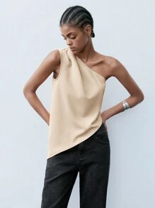 Maija Women's Apricot Asymmetrical Cut Pleated Sleeveless Casual Top, Business Casual Office Wear, Off Shoulder Blouse