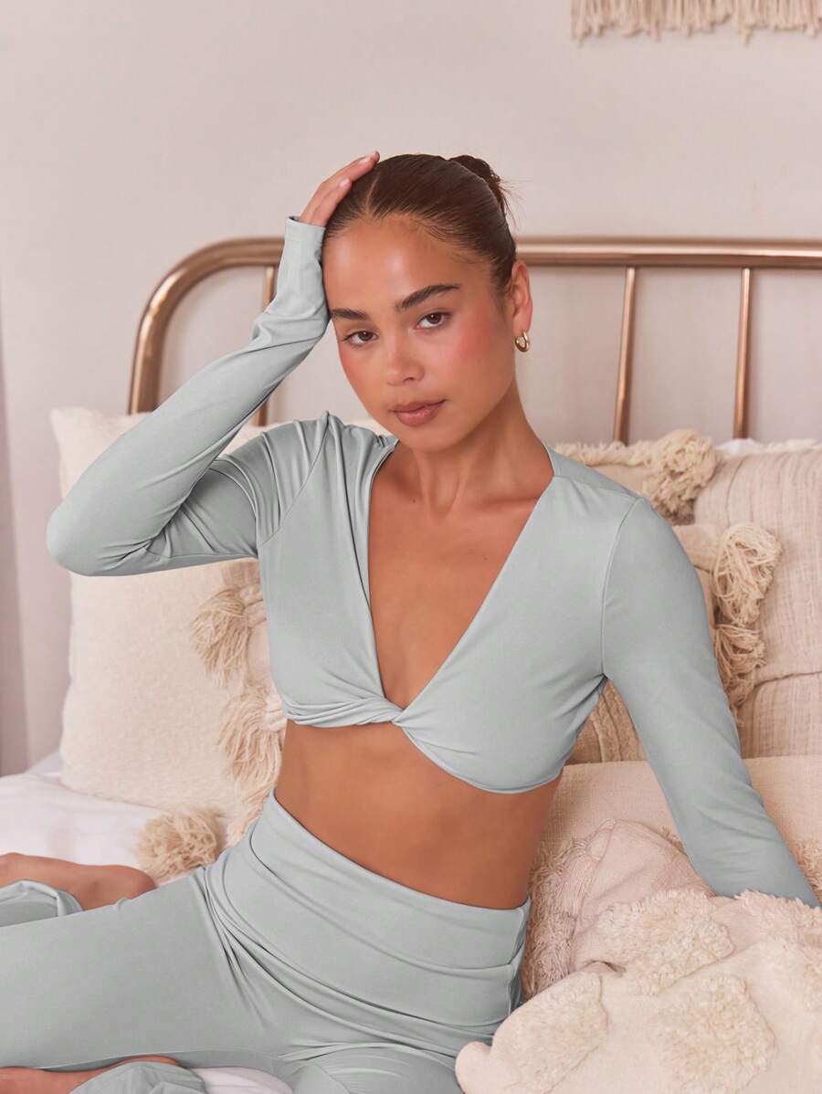 Musera Sport 女士扭纹短款运动 T 恤，适用于板网球、网球、匹克球健身 - 淺灰色 - 查看 1