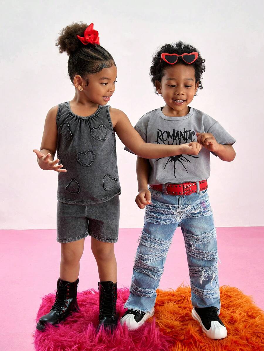 Young Girl Casual Crew Neck Sleeveless Top And Shorts Set - Grey - View 1