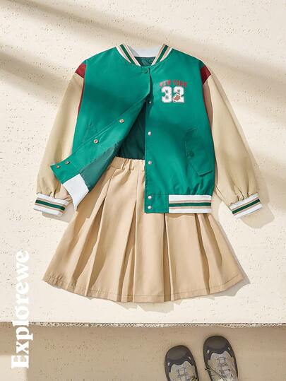 SHEIN Tween Girl 2pcs Set: Contrast Color Baseball Collar Button Front Long Sleeve Jacket & Solid Pleated Mini Skirt