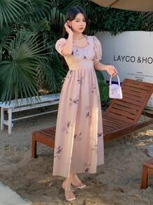 DAZY 女士碎花荷叶边泡泡袖优雅中长连衣裙 - 粉色 - 查看 5